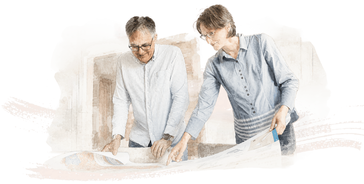 Philip Kelsey and Michelle Willis looking over a document - sketch - Earthtech